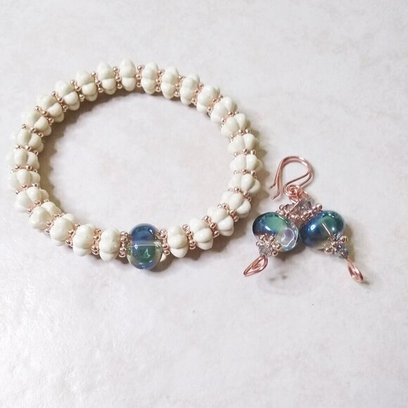 Gorgeous Bracelet & Flashy Earring Set! Shimmering Aurora Borealis Beads +Copper - Picture 1 of 11